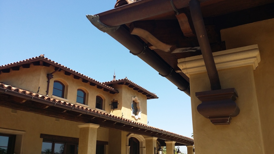 Copper rain gutters, brackets and leaderheads